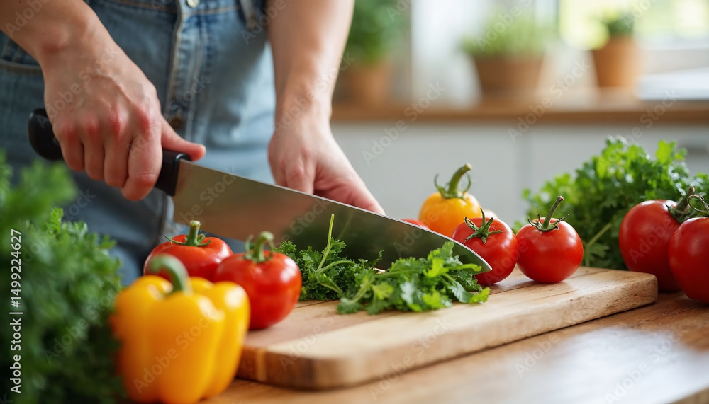 Chopping fresh herbs on wooden cutting board with vegetables nearby Chopping fresh herbs on wooden cutting board with vegetables nearby