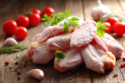 Fresh chicken wings on a ru...