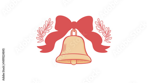 A digital illustration depicting a light beige bell adorned with a large, vibrant red bow. The bow's ribbons extend gracefully to either side. Flanking the bell are stylized, light grey-green.