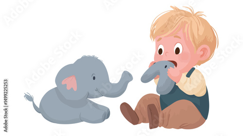The image is a digital illustration featuring a young blond boy, rendered in a cartoonish style with soft, pastel colors. He is depicted sitting and appearing to interact with two small, grey