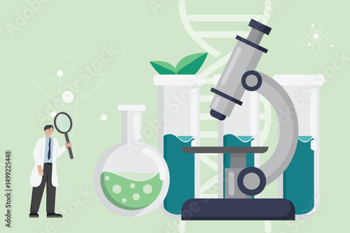 Green Laboratory vector flat design. scientist holding magnifying glass with microscope test tube DNA and plant in concept of biotechnology or biochemistry for science medical research.