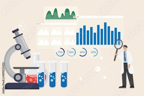 Laboratory vector flat design. Scientist holding magnifying glass with microscope test tube and DNA in concepts data analysis science medical research and development technology.
