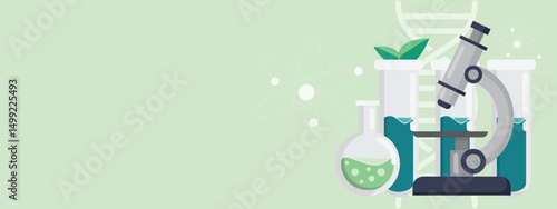 Green Laboratory banner background vector flat design. Microscope test tube DNA and plant science icon with copy space in concept of biotechnology or biochemistry for science medical research.