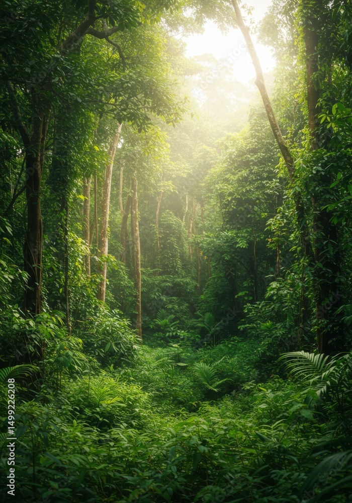 Fototapeta premium Sunlit Lush Green Forest With Dense Vegetation