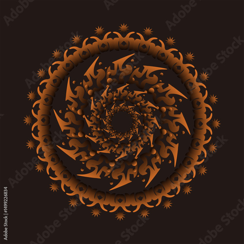 Mandala Abstract Design with Golden Orange Symmetrical Pattern on Black Background