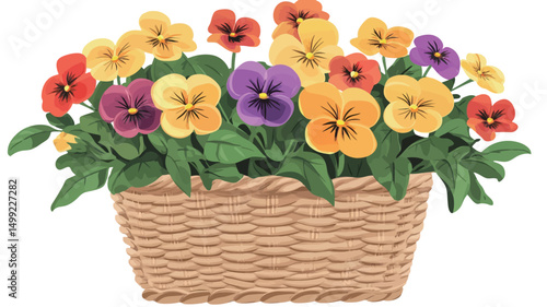 A digital illustration depicts a rectangular woven basket brimming with a profusion of pansies. The pansies exhibit a diverse palette of colors, including vibrant yellows, oranges, and purples.