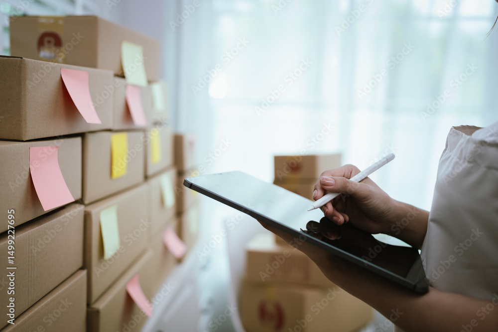 Fototapeta premium Young Asian businesswoman packing online orders at home office, using laptop for e-commerce sales and shipping in a small business.