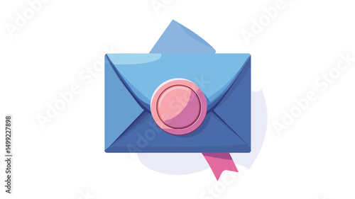 A digital illustration depicts a stylized, light blue envelope with a slightly opened flap revealing a hint of a white interior. The envelope features a prominent, round, pink wax seal centrally
