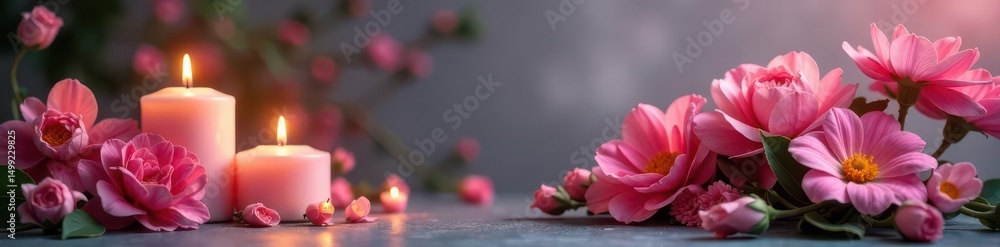 Obraz premium Elegant floral arrangement with candles on isabelline background , clean, peaceful