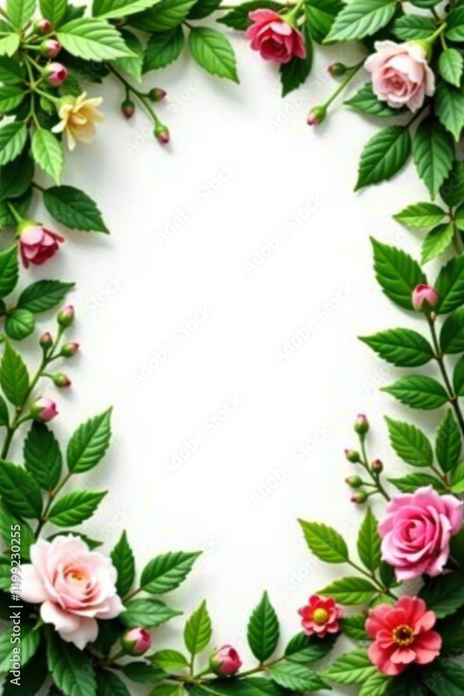 Floral frame border, lush greenery, white background, composition, template, flowers Floral frame border, lush greenery, white background, composition, template, flowers