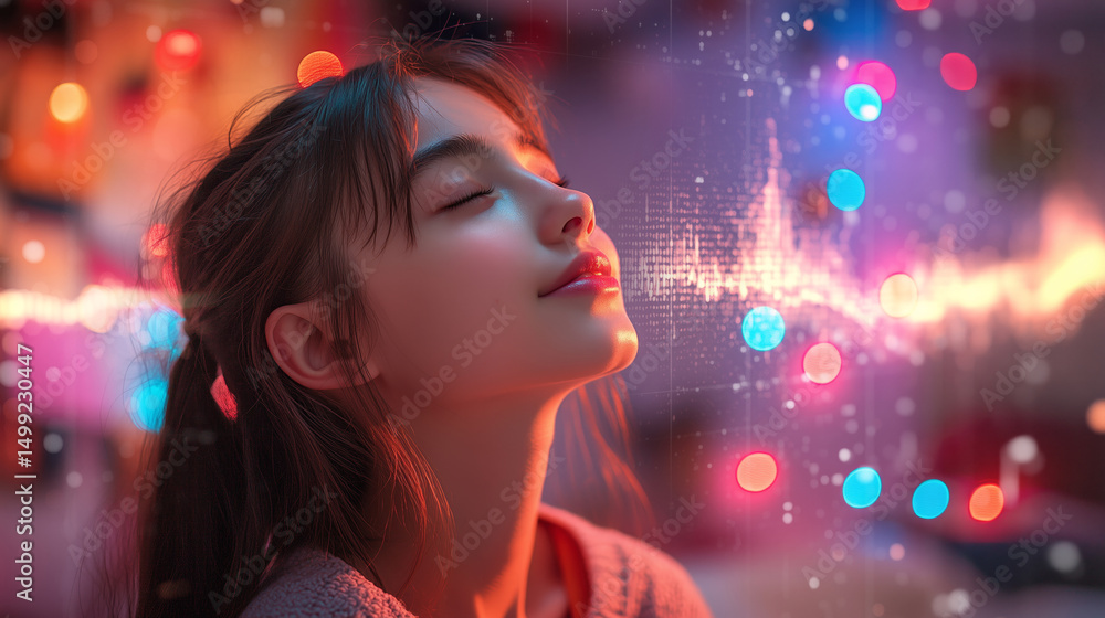 A woman sits peacefully, eyes closed, enjoying the auditory experience created by sound graphics. Colorful lights enhance the tranquil atmosphere, merging technology with relaxation. A woman sits peacefully, eyes closed, enjoying the auditory experience created by sound graphics. Colorful lights enhance the tranquil atmosphere, merging technology with relaxation.