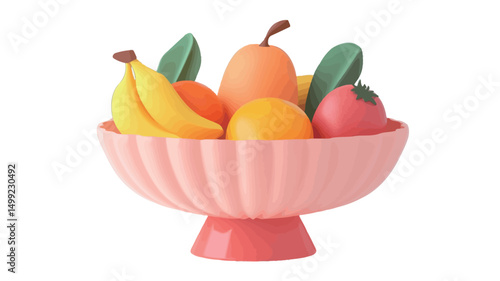 High-angle, close-up studio shot of a pastel pink, fluted fruit bowl on a pedestal base. The bowl contains several pieces of artificial fruit: a banana, an orange, a pear, and a tomato. The fruits