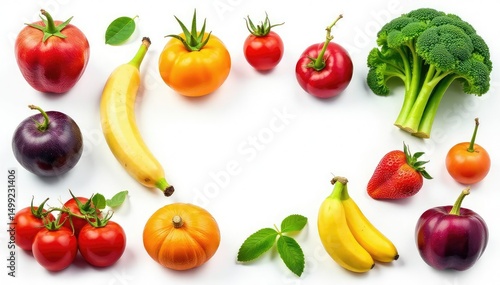 Variety of organic fruits and vegetables isolated on white, produce, eco-friendly