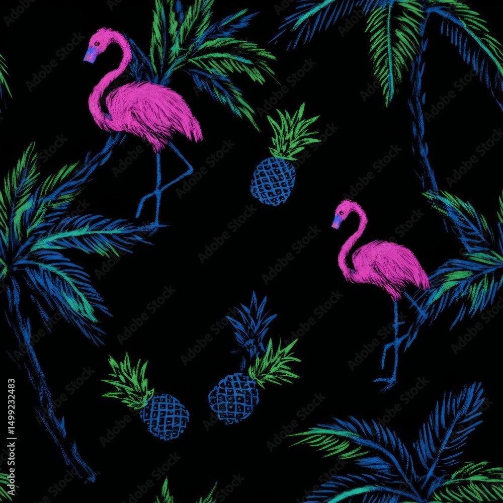 Naklejka premium Tropical flamingo and pineapple pattern on black background.