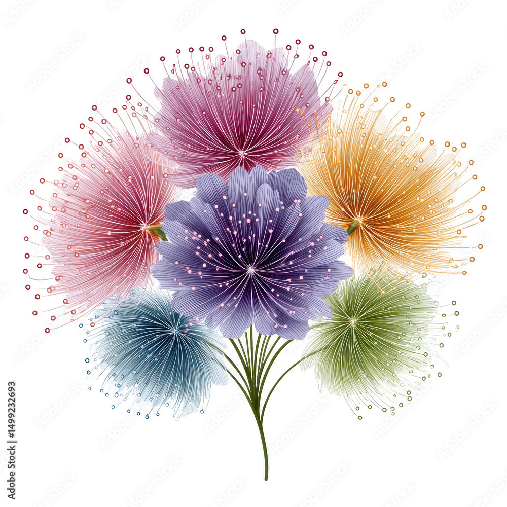 Obraz premium A beautiful bouquet of abstract flowers in various colors on a white background.