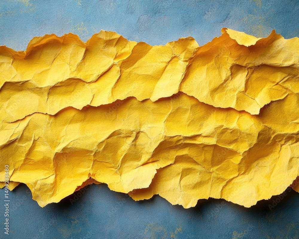Texture of yellow crumpled paper is on blue. Good for creative backgrounds or graphic resource. Texture of yellow crumpled paper is on blue. Good for creative backgrounds or graphic resource.
