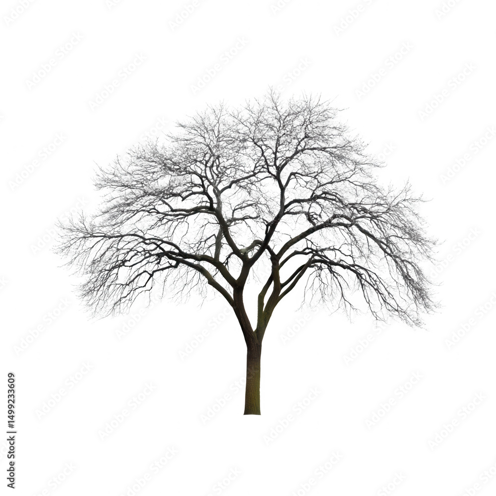 Obraz premium A bare deciduous tree with intricate branches stands against a white background.