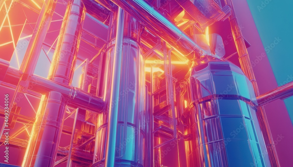 Naklejka premium Futurystyczna architektura przemysłowa, rury, neonowe światła, abstrakcja