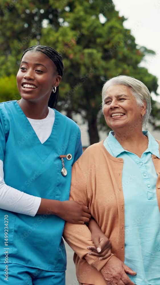 Nurse, elderly woman and laughing outdoor with discussion, morning exercise and mobility support. Smile, caregiver and talk with senior person for rehabilitation, recovery and balance at nursing home Nurse, elderly woman and laughing outdoor with discussion, morning exercise and mobility support. Smile, caregiver and talk with senior person for rehabilitation, recovery and balance at nursing home