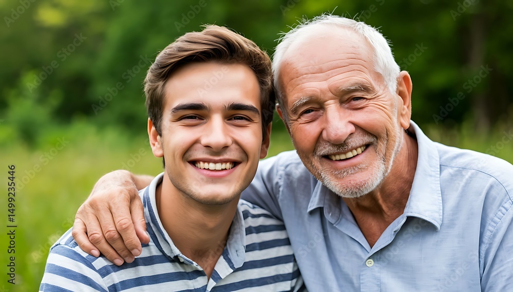 Fototapeta premium smiling father and son young man and elderly together in nature father's day concept of generational bonding and family legacy
