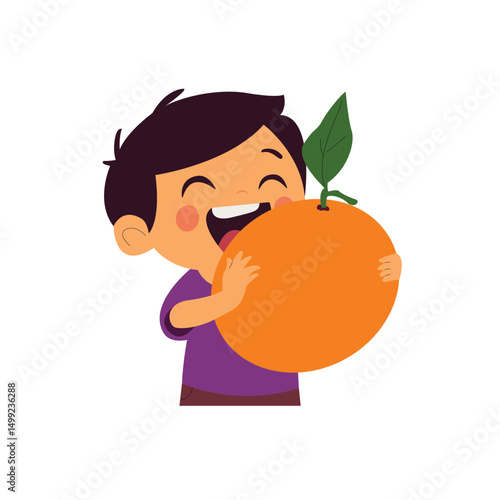 Happy Kid Holding Giant Orange Fruit
