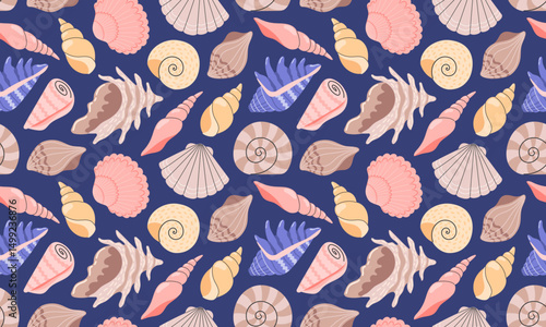 Seamless pattern Sea shells. Mollusks, sea spiral snail. Ocean exotic underwater seashells background. Hand drawn vector illustration 