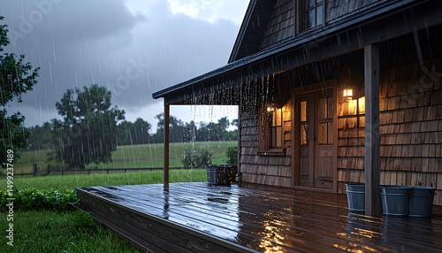 A cozy, weathered wooden house is bathed in a heavy rain shower with illuminated porch lights. The rain glistens on the deck