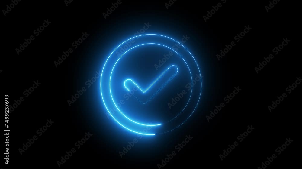 Check icon animation by cyan color neon on black background. Check icon animation by cyan color neon on black background.