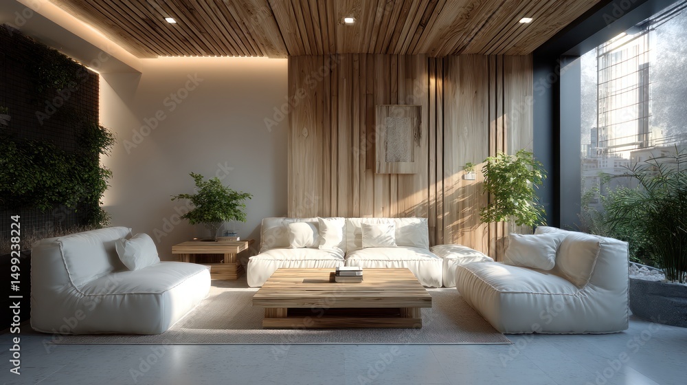 Fototapeta premium Serene Minimalist Living Room Design: Sunlight, Wood, and Tranquility
