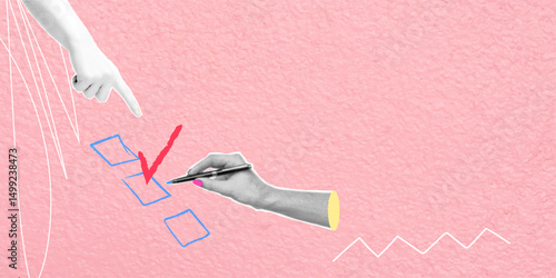 Trendy pop art collage. A person marks items from a checklist with a pen while the other hand points to an option, resulting in task completion and organization.