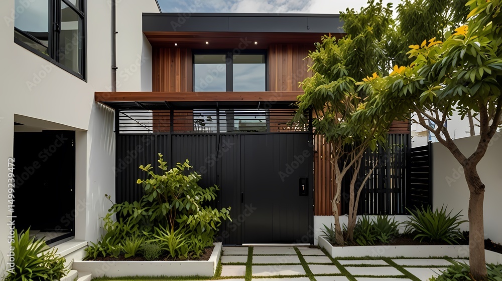 Fototapeta premium Wrought iron gate and fence in front of a building with architectural details and garden