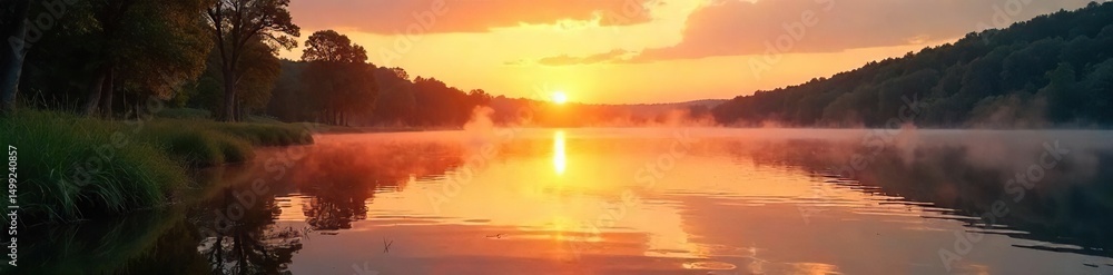 Fototapeta premium Serene lakeside scene at sunset, perfect for relaxation and unwinding Tranquil water reflects the golden light, creating a peaceful atmosphere ideal for leisure , spring, peace
