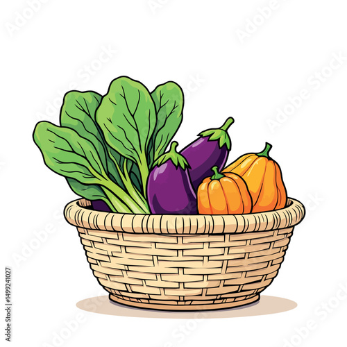 Vsai bok choy, eggplant, and pumpkins overflowing a woven basket