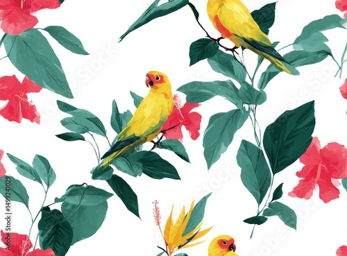 Tropical parrot and hibiscu...