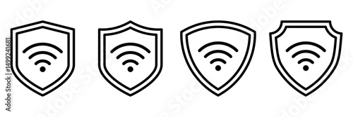 Wi-Fi Signal Protection Icons. Black Line Shield Set for Secure Internet Access and Cybersecurity Illustrations. Outline Wireless Network Symbols for Tech Safety and Privacy Concepts