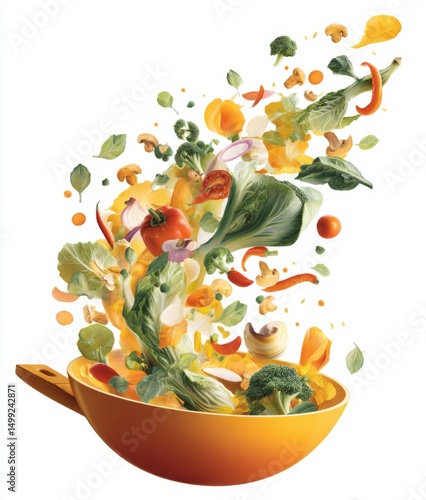 Colorful vegetables are tossed into a wok.