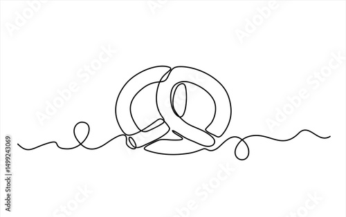One line continuous pretzel bakery symbol concept. Silhouette bread salty German snack icon. Digital white single line sketch drawing vector illustration. Editable stroke.