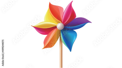 A digitally rendered image showcasing a pinwheel with six petals. Each petal exhibits a gradient of a different color; red-orange, yellow, light-green, teal, blue, and magenta. 