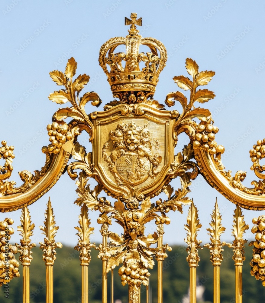 Obraz premium Ornate golden metal gate with crown, lion shield, laurel wreath, swords, and intricate designs under clear blue sky