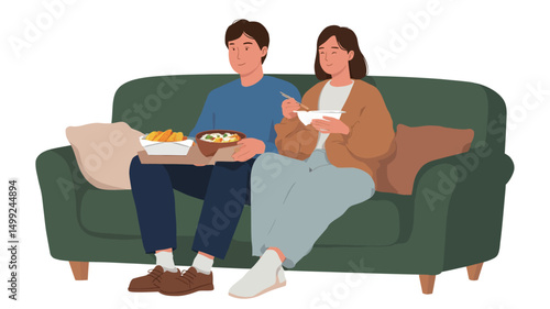 A digitally created flat vector illustration depicts a young couple sitting side-by-side on a dark teal sofa. The male figure, positioned on the left, holds a pizza box, a portion of which is