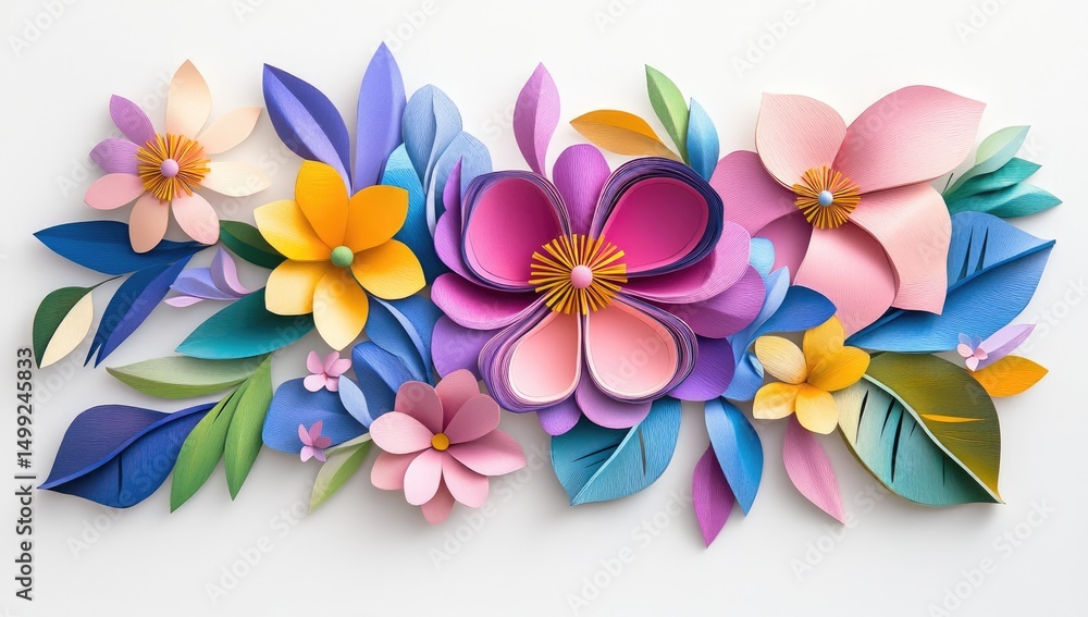 Obraz premium Colorful paper flowers and leaves arranged in a decorative design