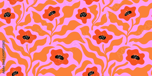 Vector seamless pattern in simple floral wavy and groovy naive style, flowers and plants, floral botanic hand drawn design templates, modern art prints, surface design