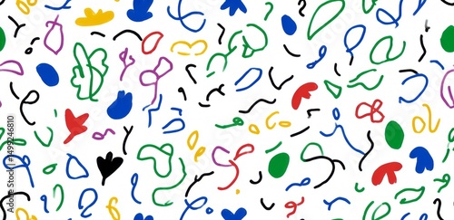 Abstract pattern design with various shapes and colors.
