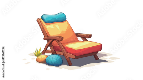 A digital illustration depicting a stylized cartoon beach chair. The chair is rendered in a painterly style with visible brush strokes, utilizing a warm color palette of oranges