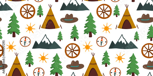 a delightful seamless pattern for pioneer day and father's day, featuring mountains, evergreen trees, tipis, cowboy hats, wagon wheels, suns, compasses white