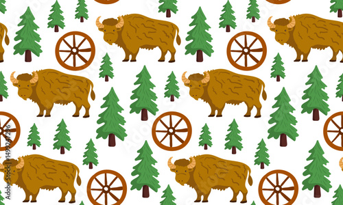 a playful seamless pattern on white featuring brown cartoon bison, green evergreen trees, and rustic wagon wheels