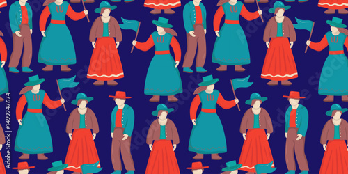a lively seamless pattern showcasing diverse pioneer day characters in traditional costumes on a dark blue background