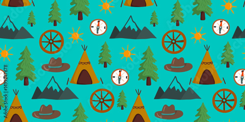 charming seamless pattern pioneer day featuring mountains, evergreen trees, tipis, cowboy hats, wagon wheels compasses on blue background father's day