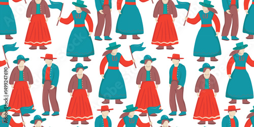 delightful seamless pattern showcasing diverse pioneer day characters in traditional costumes on a pristine white background