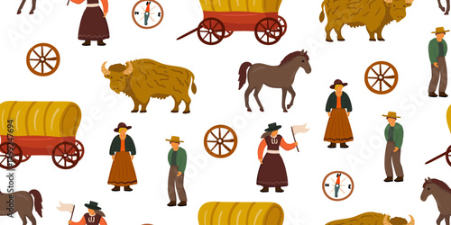 delightful seamless pattern featuring charming wild west scene with horses, wagons, people, white abstract background wallpaper card